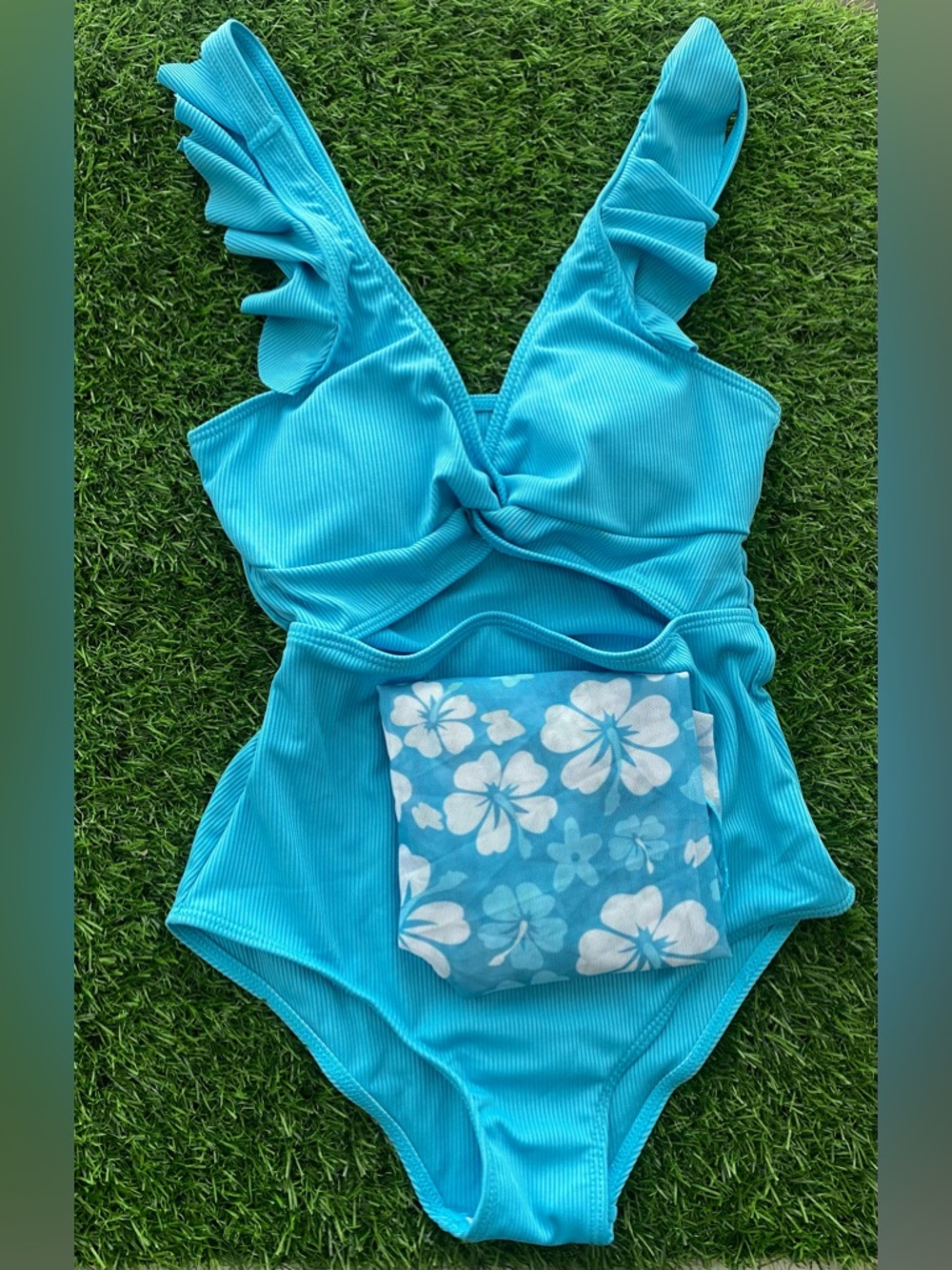 Girls Blue One Piece Swimsuit Set w/ Floral Cover Up Size 11-12